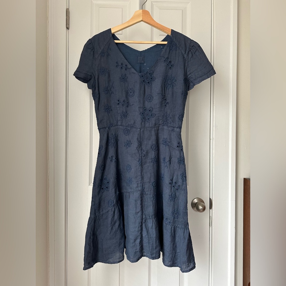 Blue Linen Embroidered Dress